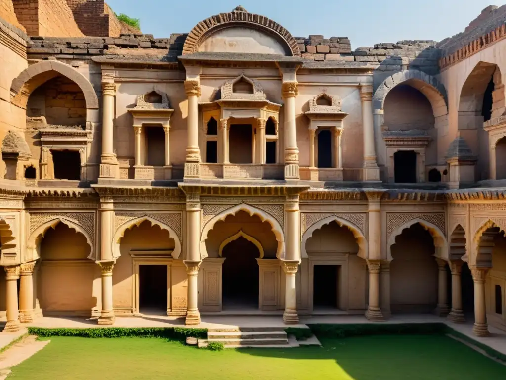 Imagen detallada de las ruinas del palacio del Khan en Sarai Batu, con arquitectura intrincada y vastedad del complejo