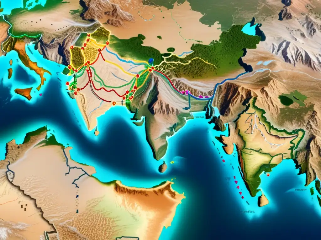 Imagen 8k detallada de rutas comerciales menores Imperio Mongol, con caravanas, paisajes y actividad comercial en la Ruta de la Seda