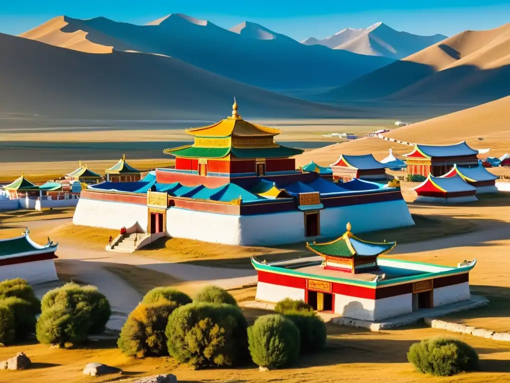 Imagen 8k detallada de la serena y colorida arquitectura del Monasterio de Erdene Zuu en Mongolia, religión en unificación imperio mongol