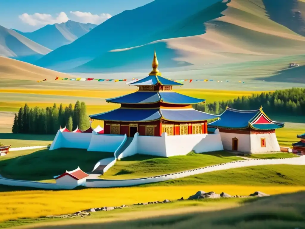 Imagen detallada de un templo budista mongol en el campo europeo, con banderas de oración vibrantes