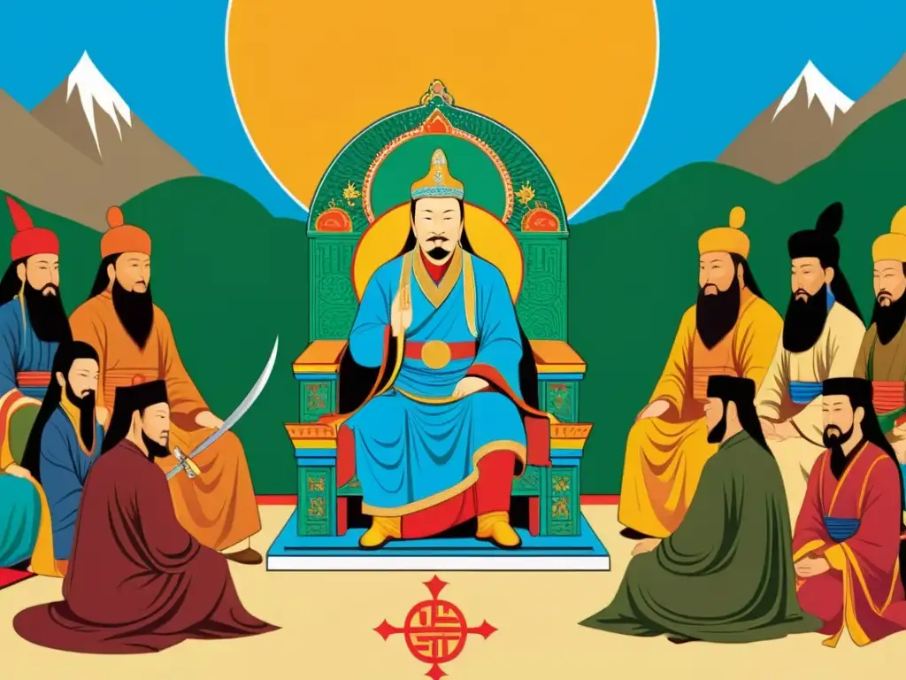 Imagen detallada de Genghis Khan en su trono, rodeado de líderes religiosos de diversas creencias