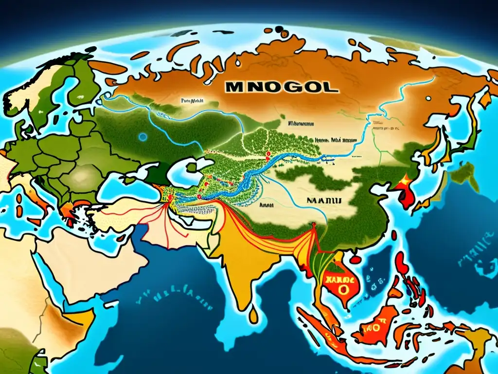 El Imperio Mongol: Recursos y Rutas Comerciales Imagen detallada del vasto Imperio Mongol y la explotación de recursos naturales en Eurasia, mostrando la compleja red de actividades económicas