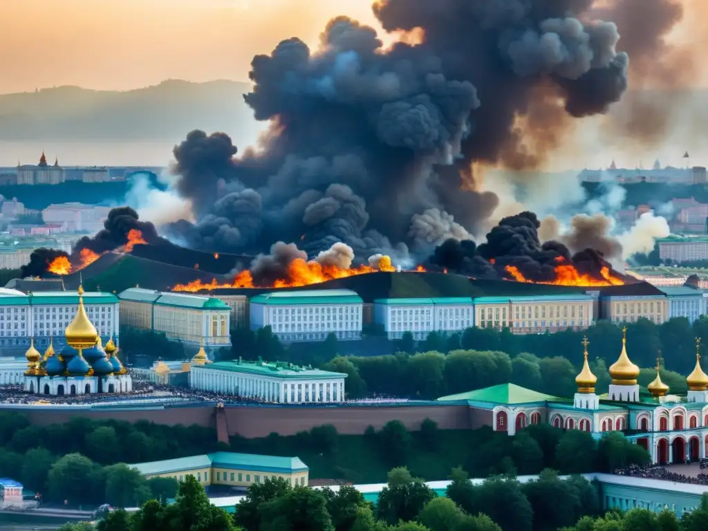 La imagen muestra la devastación de la Conquista de Kiev por mongoles, con el ejército mongol asediando la ciudad y el caos reinante