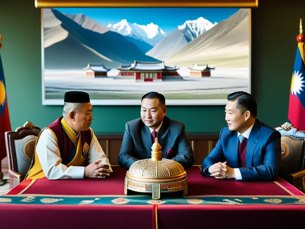 Imagen documental de diplomáticos mongolos y tibetanos en una reunión de alto nivel, con vestimenta tradicional y paisajes impresionantes, capturando la importancia histórica de las relaciones mongolo-tibetanas en su declive era