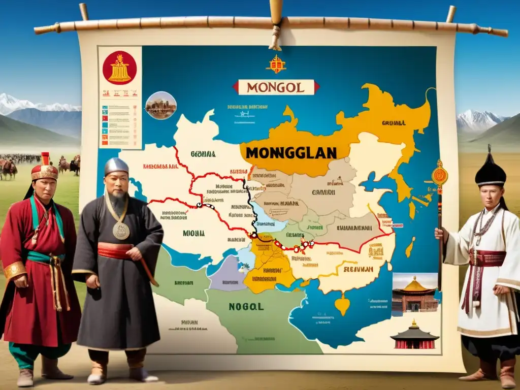 Imagen documental de diversa descendencia Genghis Khan reunida alrededor de un mapa del Imperio Mongol, destacando la diversidad religiosa y cultural