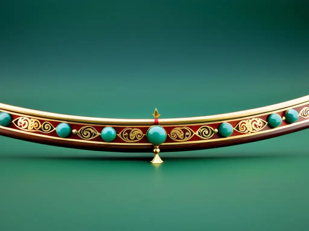 Arco mongol: elegancia y precisión en alta resolución Imagen de un elegante arco compuesto mongol, destacando su diseño intrincado y adornos de metales preciosos