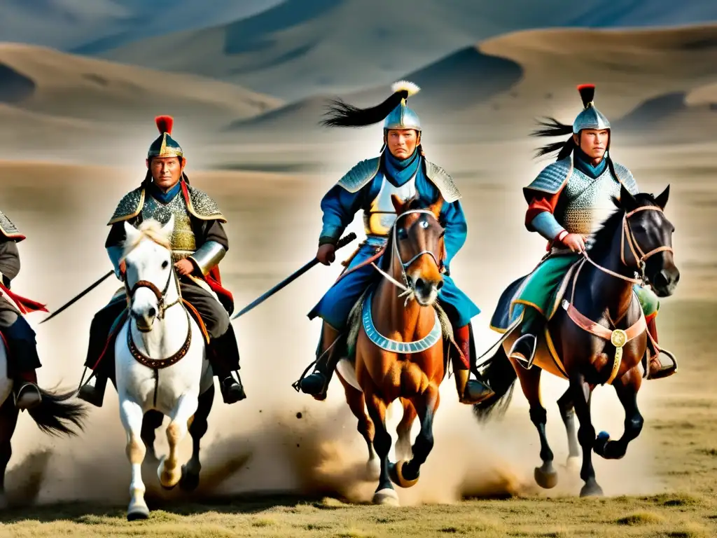 Imagen épica de guerreros mongoles a caballo en las estepas, reflejando el espíritu del influente Imperio Mongol