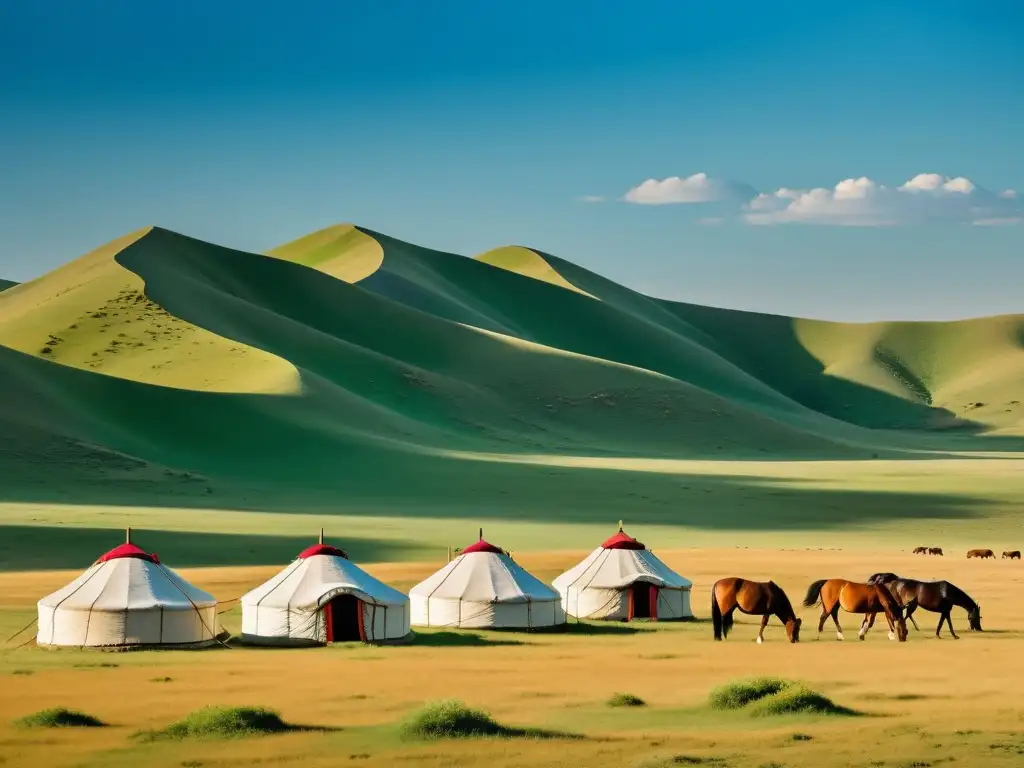 Imagen de alta resolución de las estepas de Mongolia con un campamento nómada y personas vestidas con atuendos tradicionales