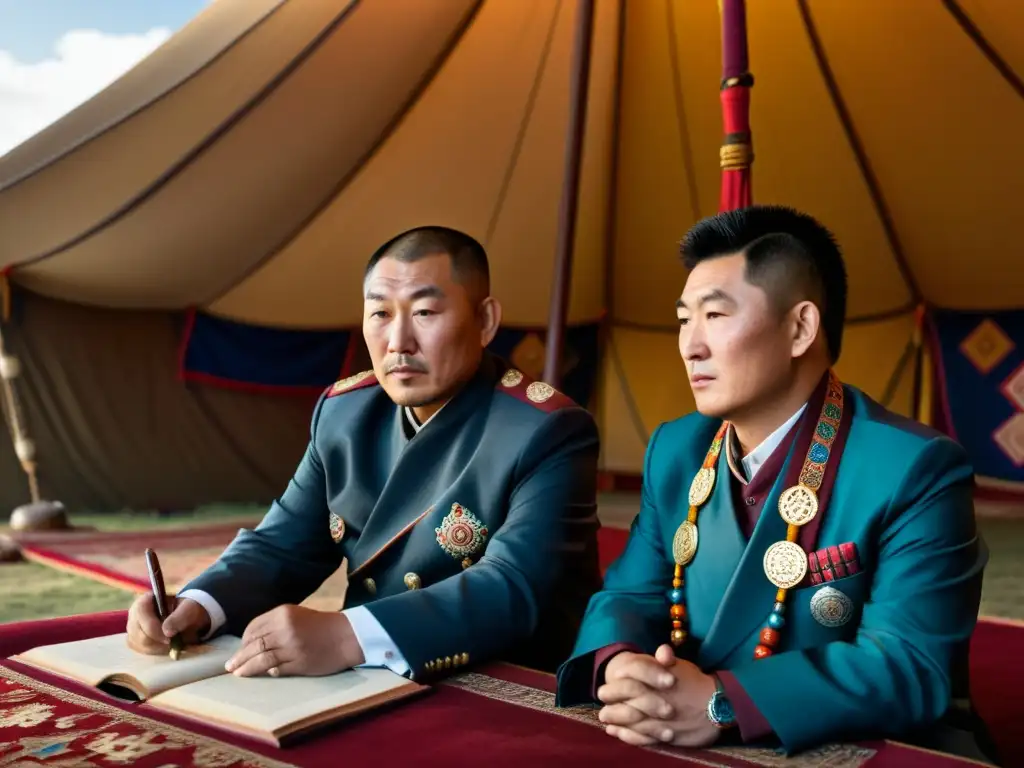 Imagen de estrategias militares mongoles tibetanos: intensas negociaciones entre un estratega militar mongol y un diplomático tibetano en una tienda decorada con símbolos culturales