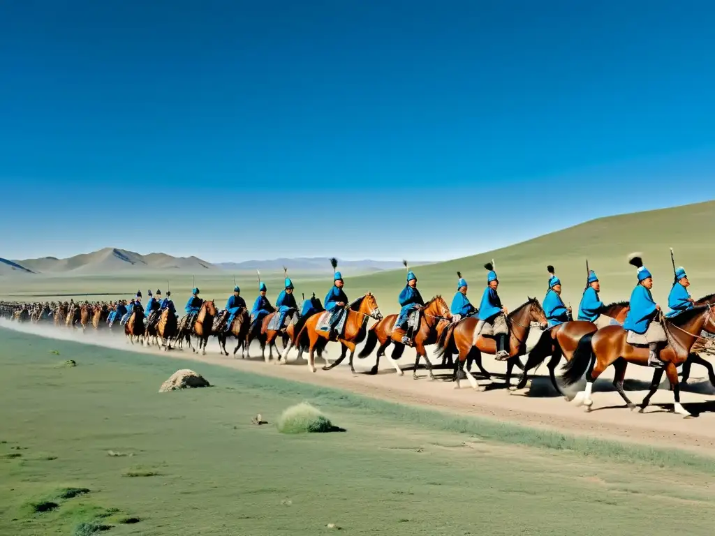 La imagen muestra una extensa tierra mongola con guerreros a caballo llevando suministros