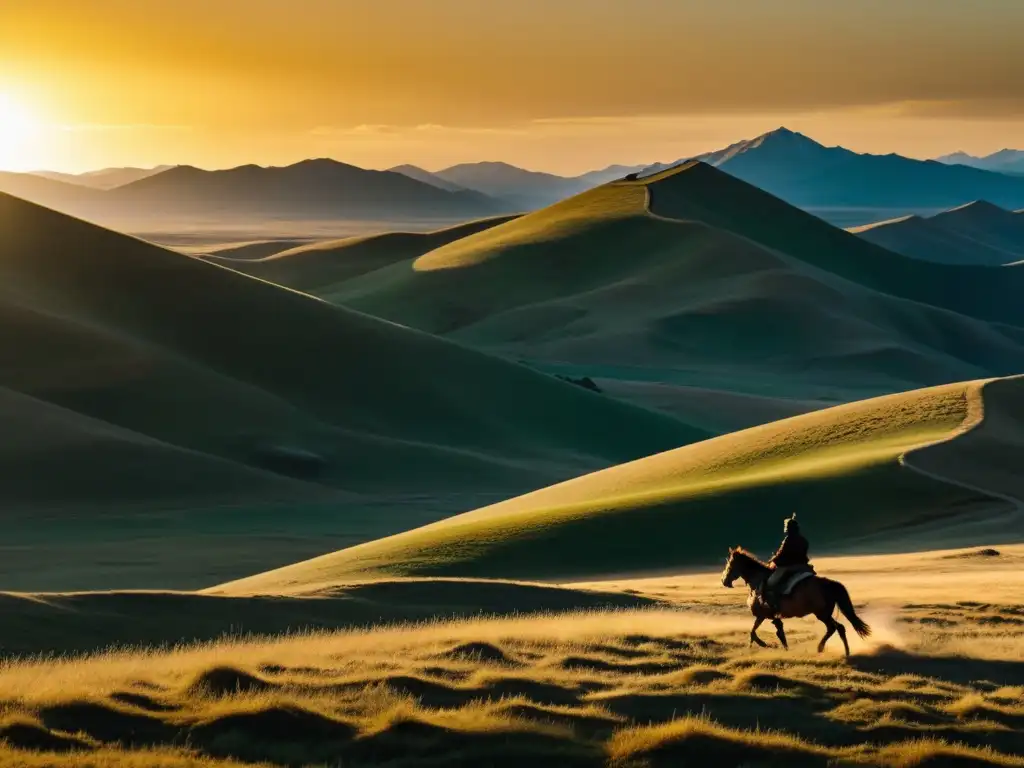 Imagen del film 'Mongol' que muestra las vastas estepas de Mongolia, con un jinete solitario a caballo y el poder mongol en el cine