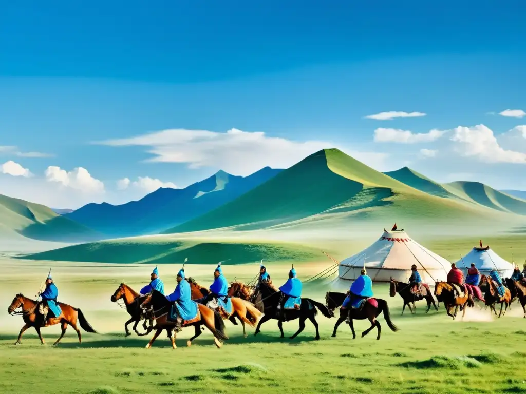 La imagen muestra la grandeza del Imperio Mongol invencible, con guerreros a caballo y paisajes de estepa