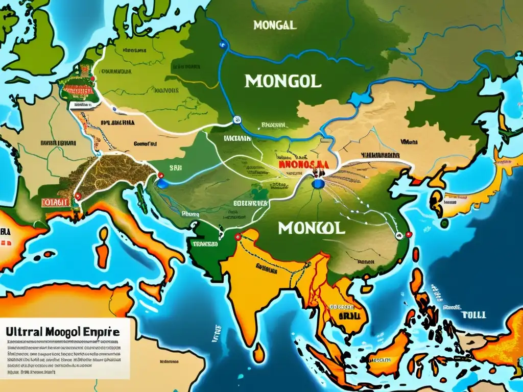 Imagen de la grandiosa y compleja red de conexiones del Imperio Mongol en su apogeo, evocando la desintegración del Imperio Mongol consecuencias