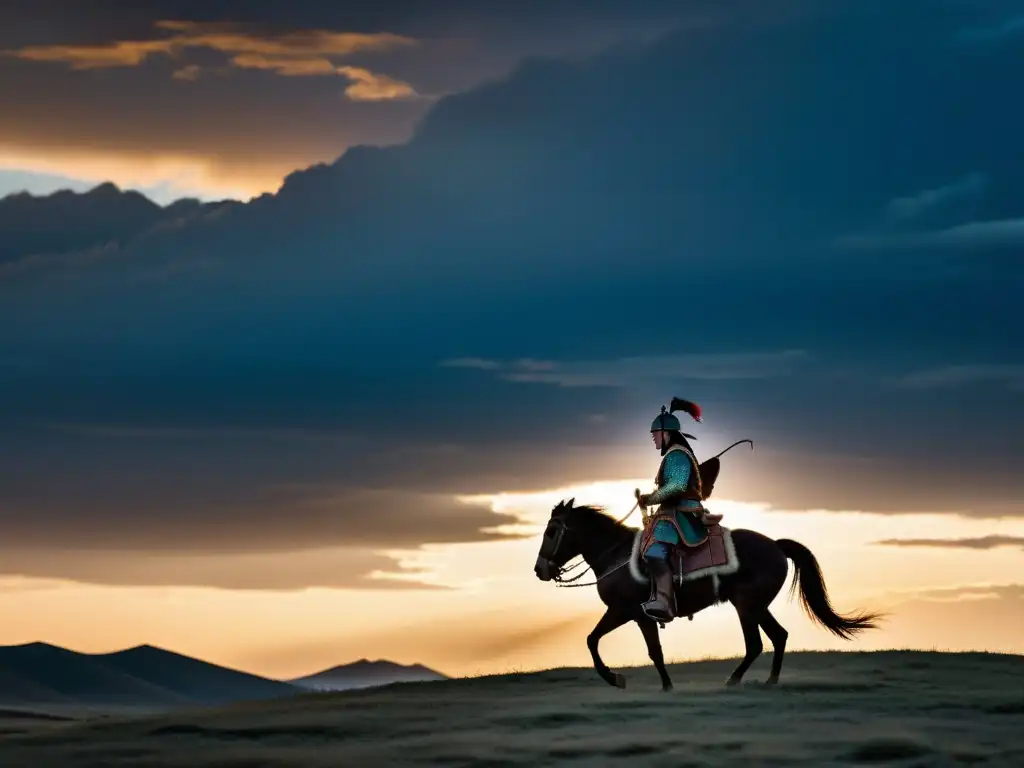 Imagen de la estepa mongola al amanecer con un guerrero solitario a caballo, evocando la Guerra Civil Mongola Ariq Böke