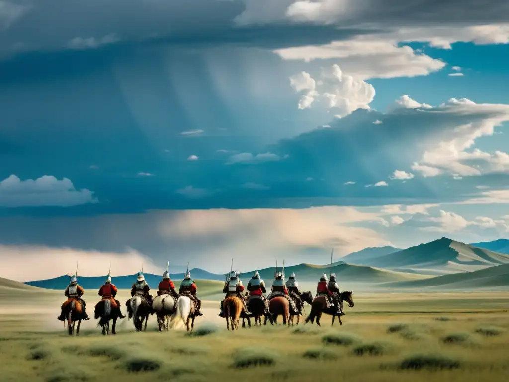 Imagen de la estepa mongola con guerreros a caballo, representando el gobierno y estructura legal mongol en la época