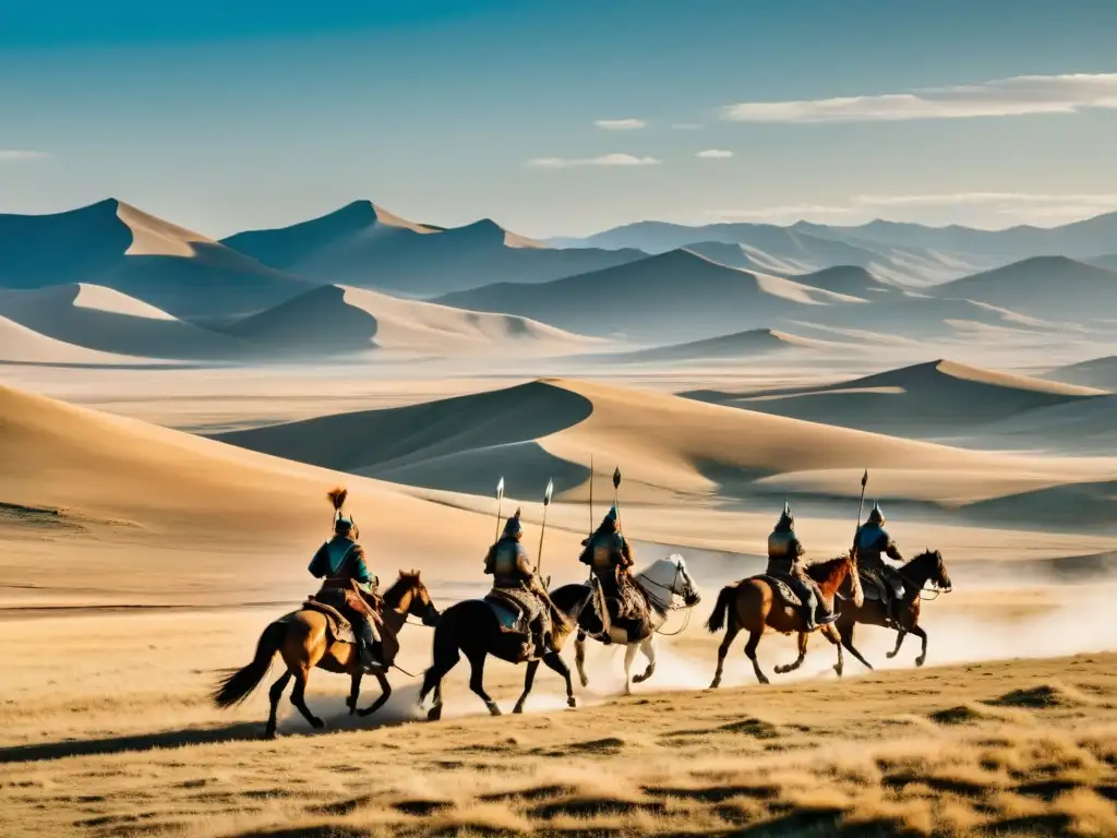 Imagen de guerreros mongoles a caballo en la estepa, evocando la grandeza y la soledad del Imperio Mongol en películas sobre el Imperio Mongol