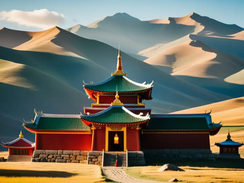 Imagen de un hermoso templo mongol decorado, con detalles arquitectónicos intrincados y símbolos religiosos