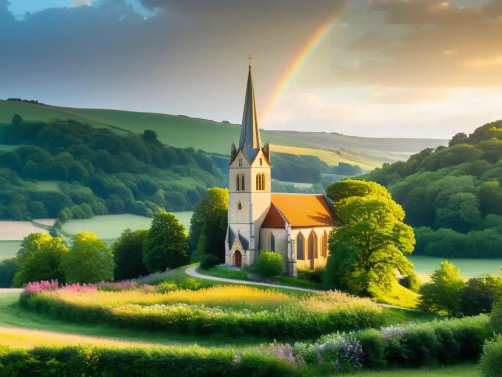 Imagen de una iglesia medieval en un paisaje exuberante, evocando historia y tranquilidad