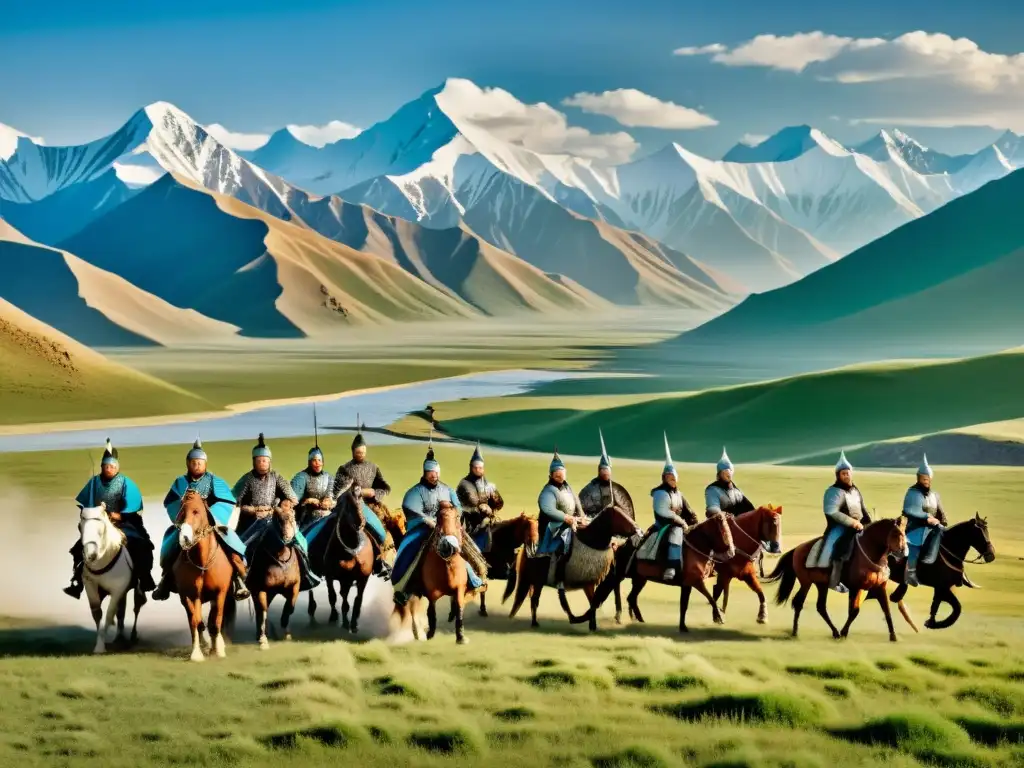 Imagen impactante del apogeo del Imperio Mongol, con guerreros a caballo y paisajes detallados, representando la fragmentación interna del Imperio Mongol