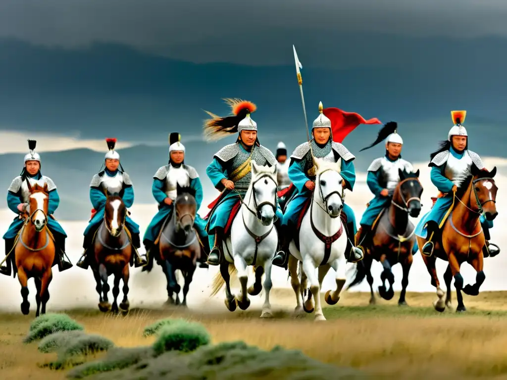 Imagen impactante de la armada de Genghis Khan cabalgando por las estepas de Mongolia bajo un cielo amenazante