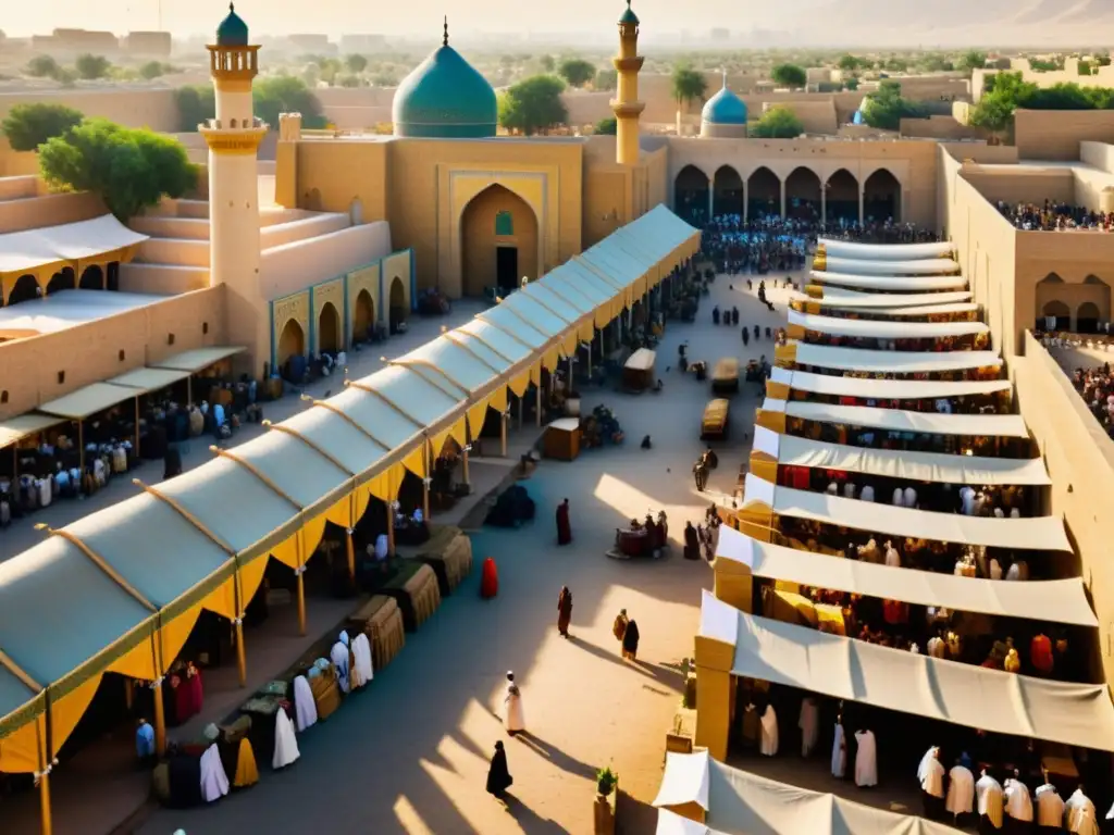 Imagen impactante de la Baghdad del siglo XIII, con calles bulliciosas y majestuosas mezquitas, reflejando la riqueza cultural