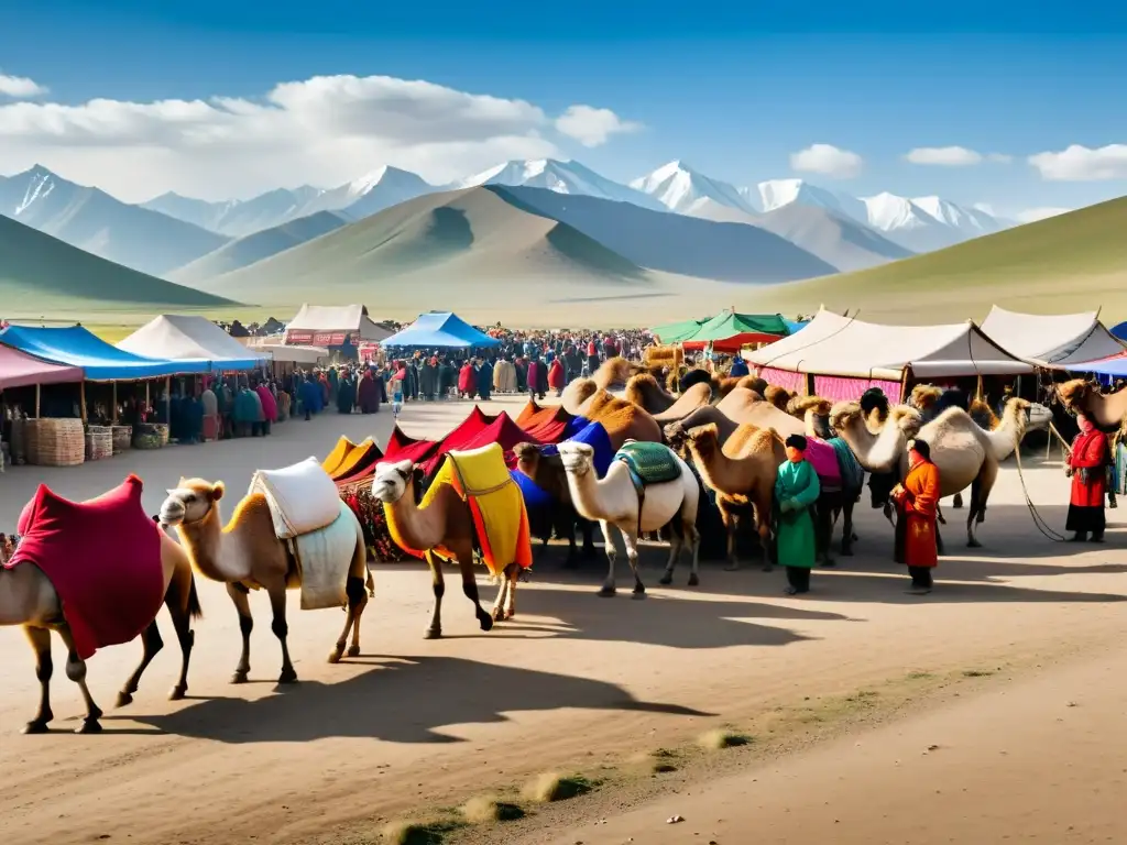 Una imagen impactante de un bullicioso mercado en Mongolia, con vendedores ofreciendo textiles coloridos, especias y otros productos