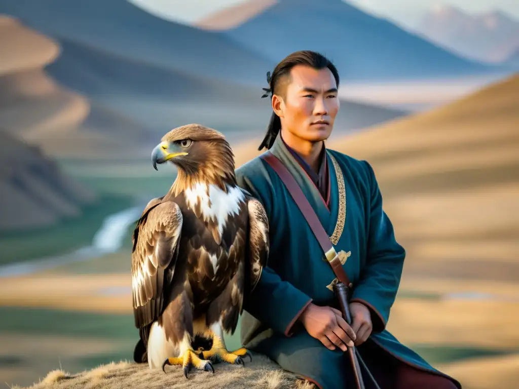 Imagen impactante de tradición de caza con águilas en Mongolia, con majestuoso águila real y cazador tradicional en la estepa mongola