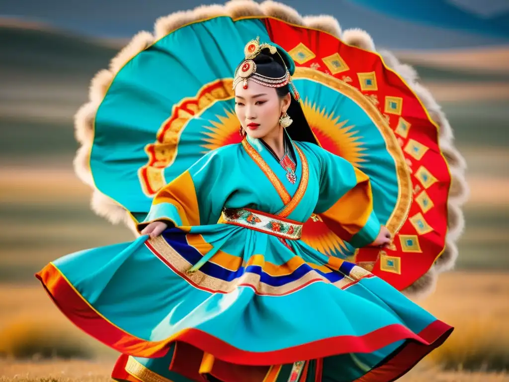 Imagen impactante de la Danza del Tsam en Mongolia: un bailarín tradicional en trajes vibrantes, moviéndose grácilmente en la estepa mongola