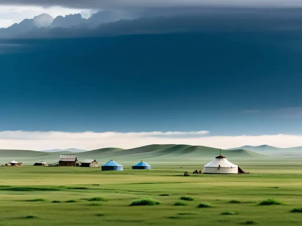 Imagen impactante del declive del imperio mongol, con la estepa desolada y yurtas dispersas, reflejando el impacto financiero