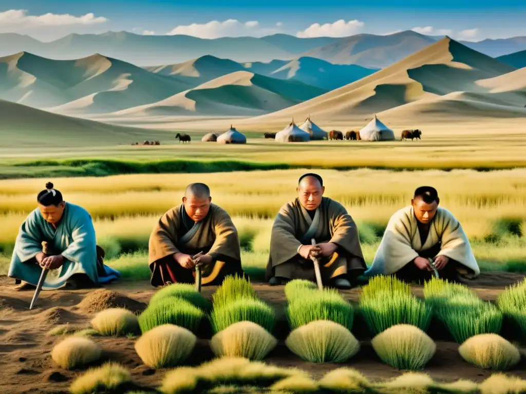 Esclavitud en la expansión mongol: retrato crudo y detallado Imagen impactante de esclavos mongolas trabajando en los campos bajo supervisión