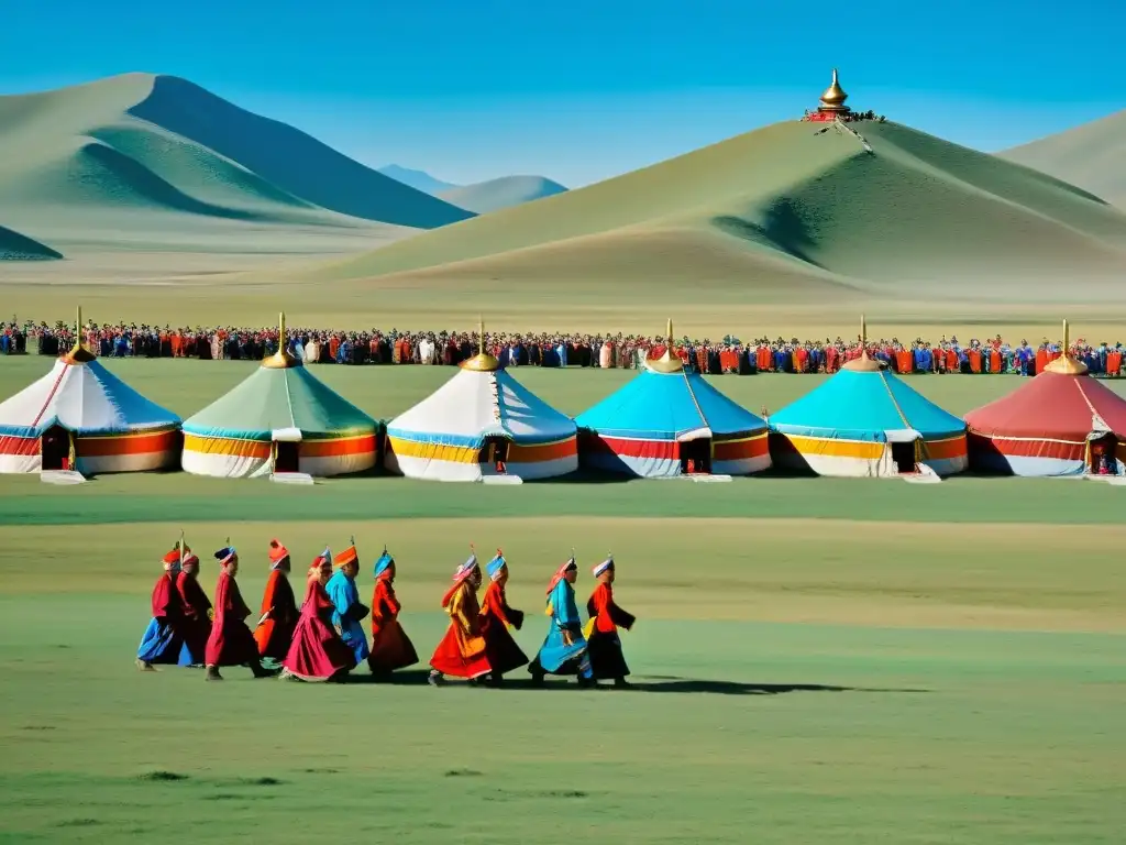 Imagen impactante de festivales religiosos del imperio mongol, con danzas ceremoniales, yurtas coloridas y paisajes impresionantes