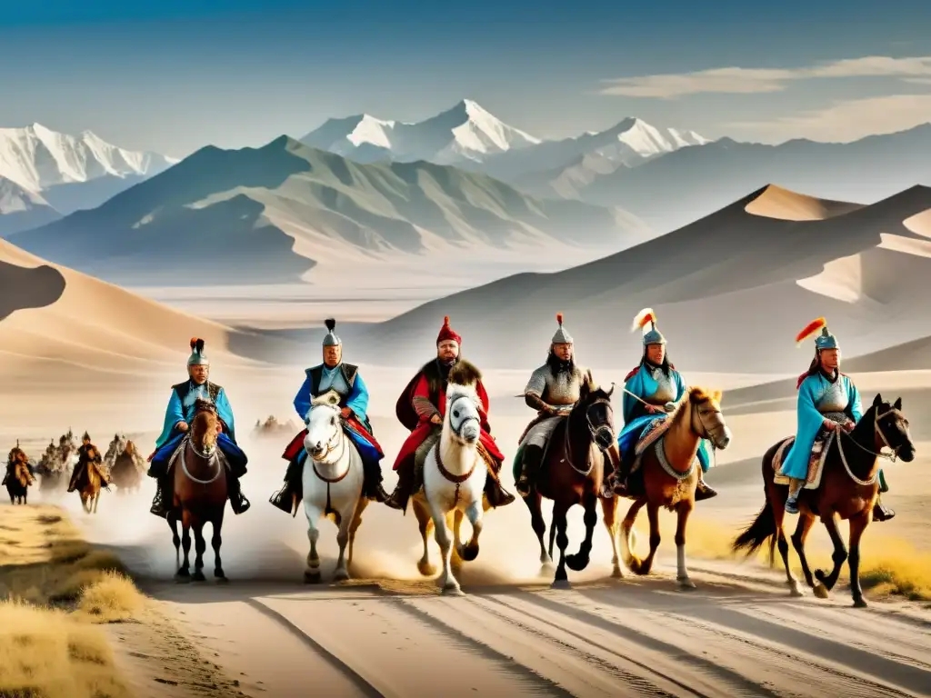 Imagen impactante de Genghis Khan liderando una caravana en la Ruta de la Seda, mostrando la influencia mongola en la historia