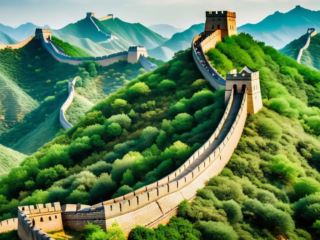 Imagen impactante de la Gran Muralla China, resaltando las fortificaciones mongolas técnicas defensivas