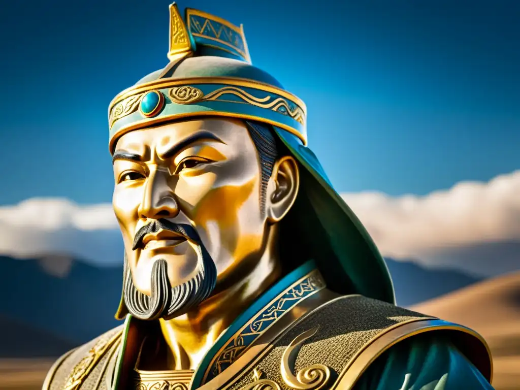 Imagen impactante de la estatua icónica de Genghis Khan en la estepa mongol, resaltando su influencia y liderazgo