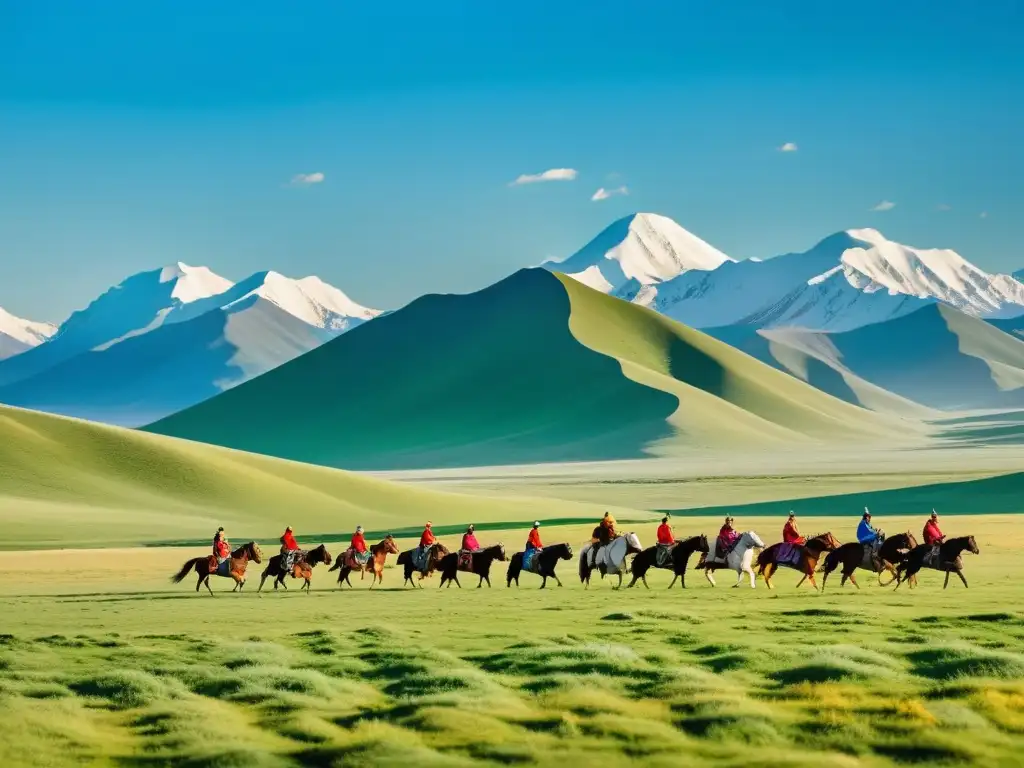 Imagen impactante de la inmensa estepa mongola con jinetes yurts, ríos verdes y montañas nevadas