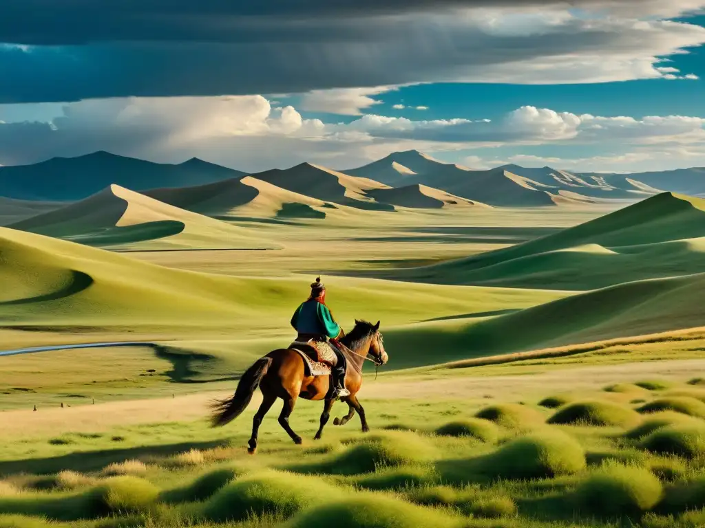 Imagen impactante de la estepa mongol con un jinete solitario en medio del paisaje abierto y ventoso