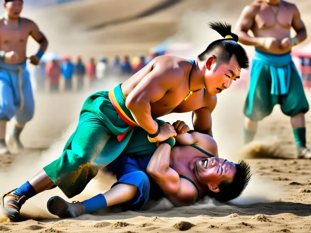 Imagen impactante de luchadores mongoles en plena competencia durante el festival Naadam, reflejando la intensidad y tradiciones del evento