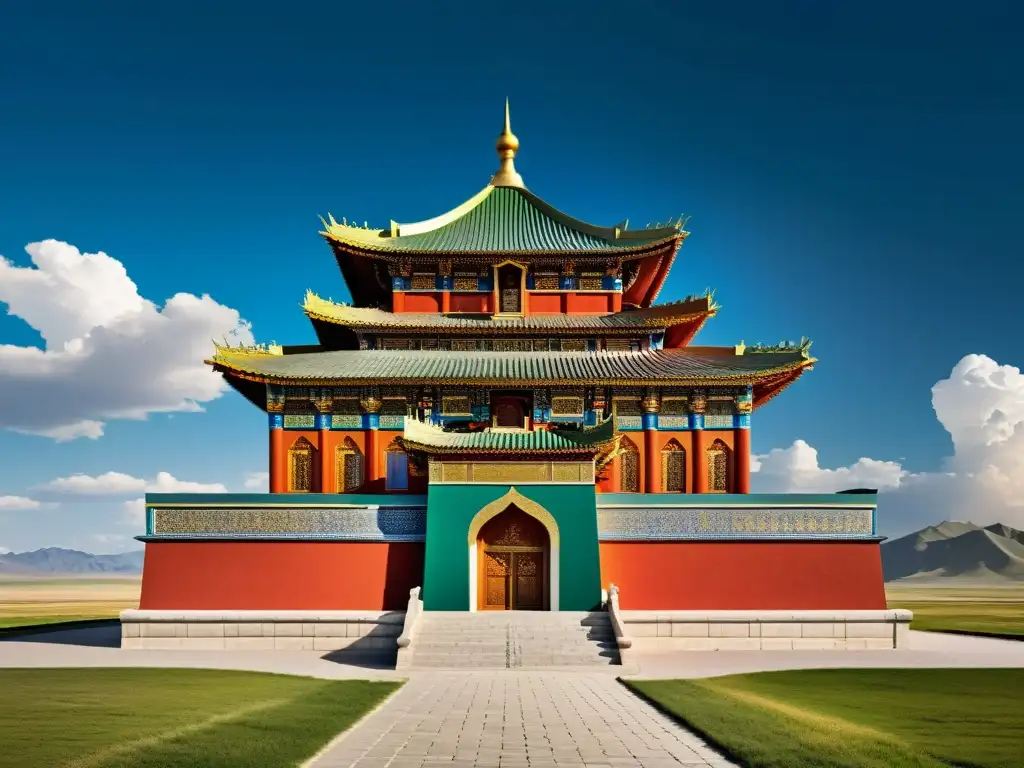 Imagen impactante del Mausoleo de Genghis Khan en Mongolia Interior, destacando los detalles arquitectónicos y colores vibrantes