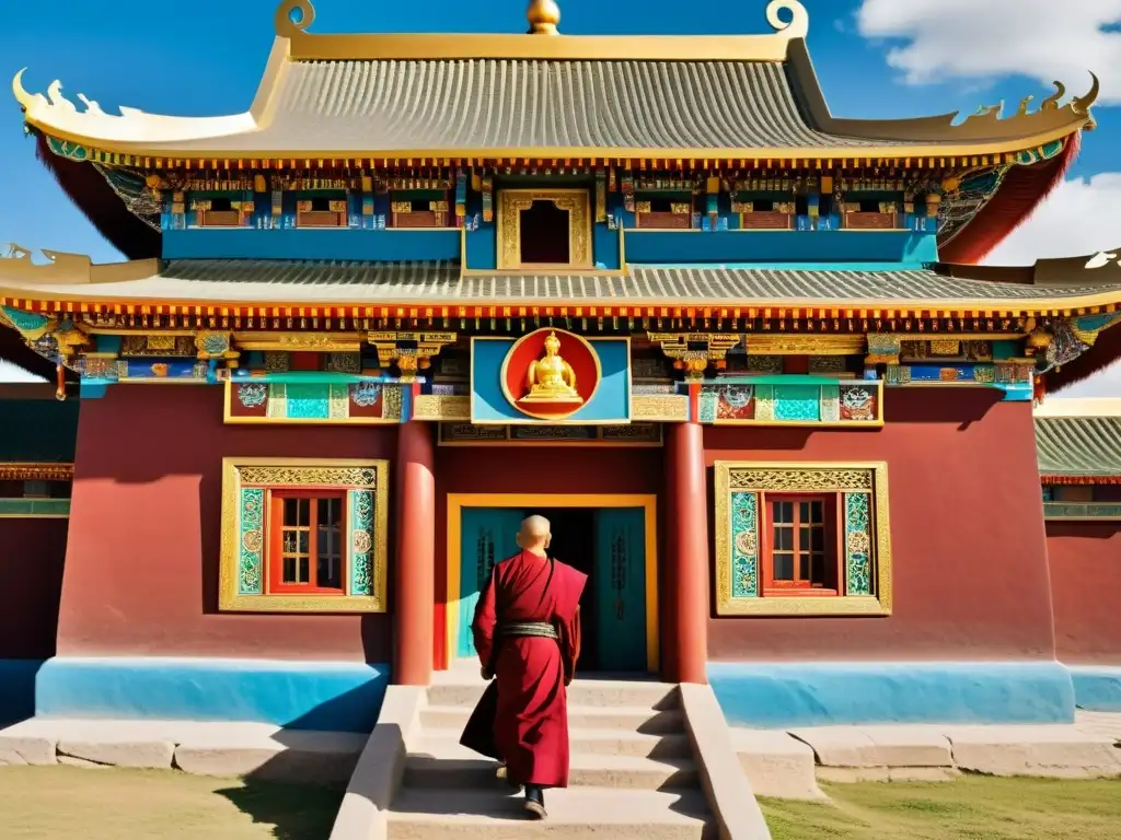 Imagen impactante del Monasterio Budista Erdene Zuu en Mongolia, con detalladas tallas y colores vibrantes, fusionando influencias culturales