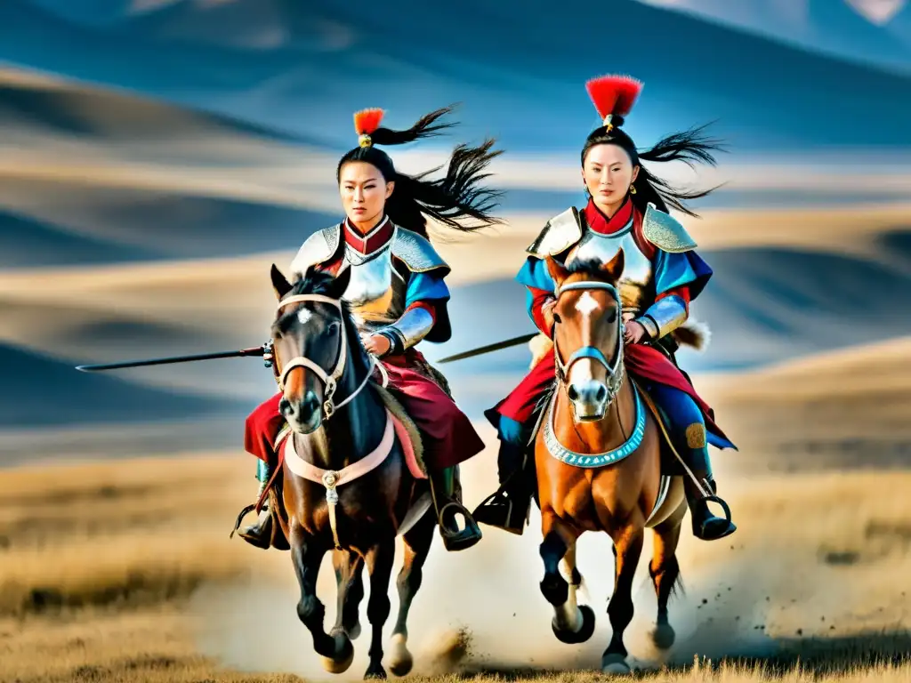 Imagen impactante de mujeres guerreras mongoles a caballo, transmitiendo fuerza y determinación en la estepa