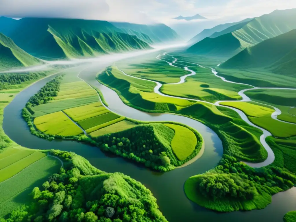 Imagen impactante de paisaje verde exuberante, río serpenteante y montañas envueltas en niebla