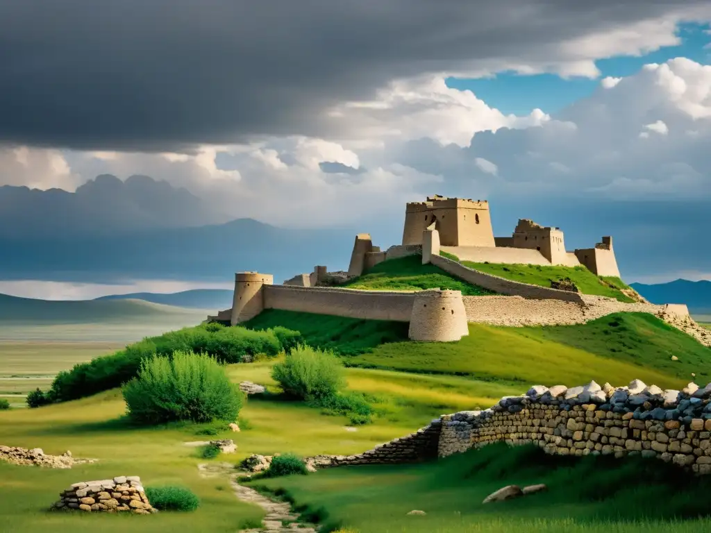 Imagen impactante de las ruinas de una antigua fortaleza militar mongol, rodeada de un paisaje desolado