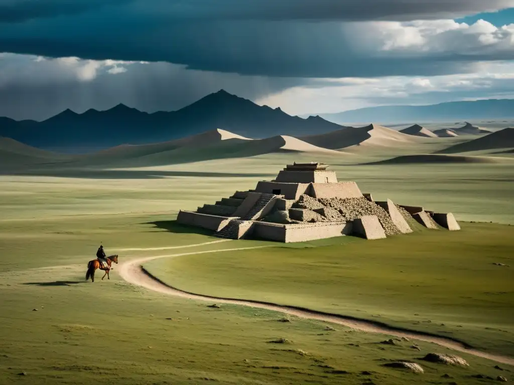 Imagen impactante de la estepa mongola con ruinas antiguas, cielo dramático y jinete solitario evocando el reinado de Guyuk Khan