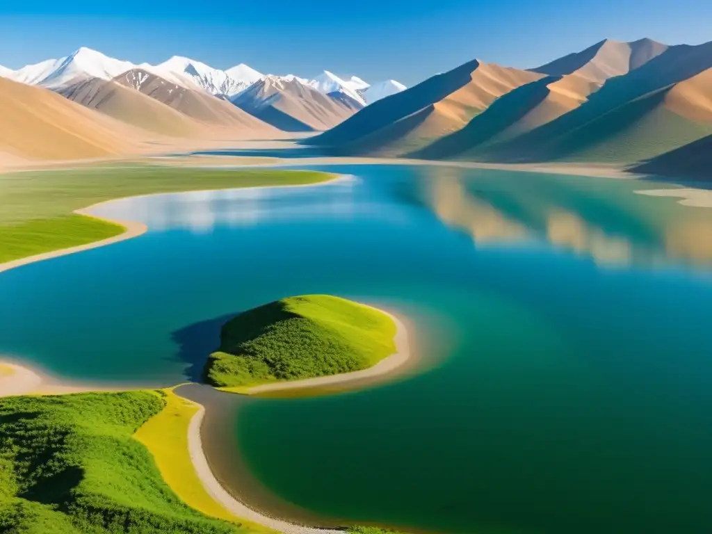 Imagen impactante del sereno lago Terkhiin Tsagaan en Mongolia, reflejando montañas nevadas y exuberante naturaleza