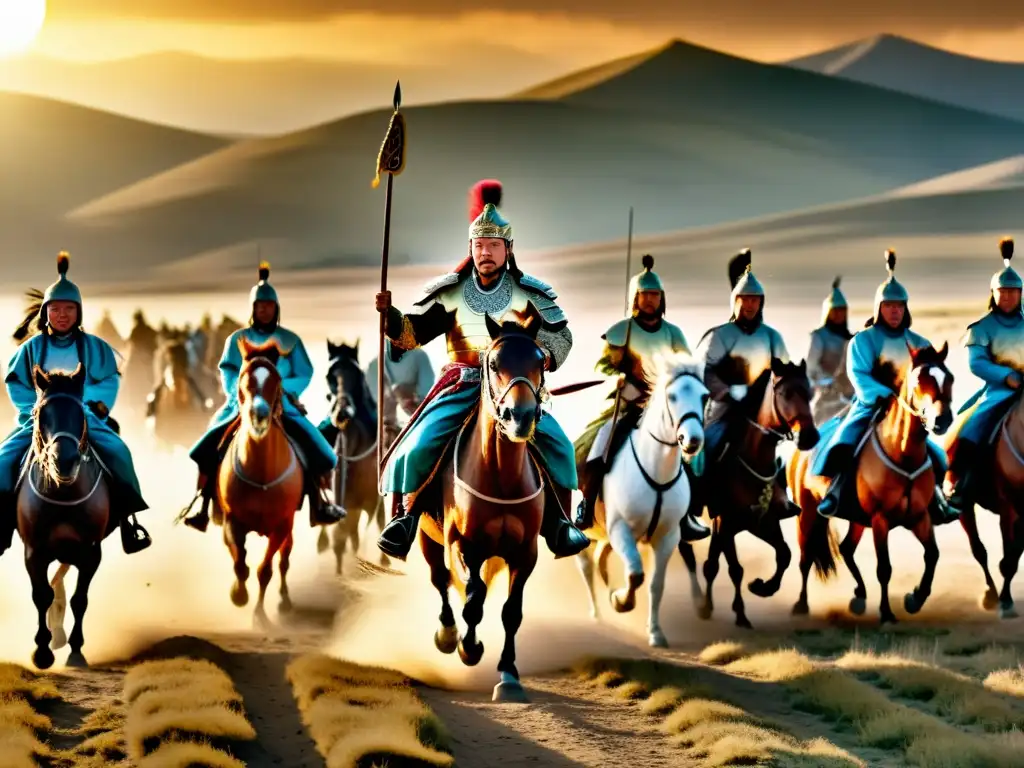 Imagen impactante de Genghis Khan dirigiendo una vasta horda de guerreros montados en la estepa mongola al atardecer