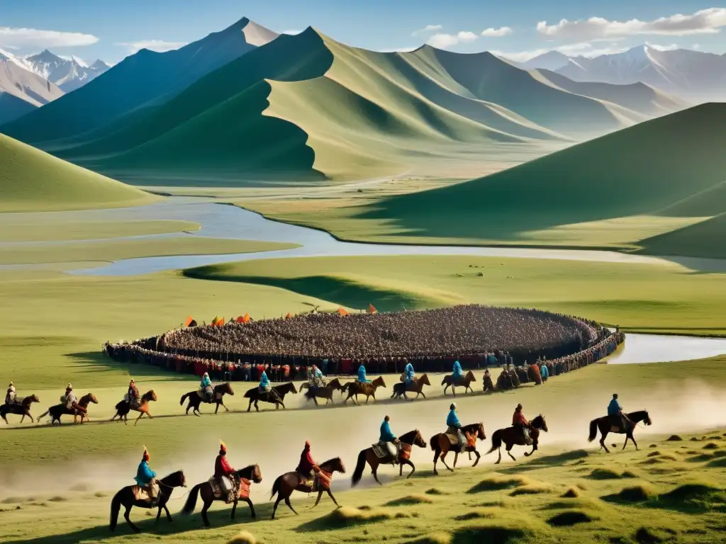 Imagen impactante de la vasta influencia del Yassa en diplomacia durante el apogeo del Imperio Mongol, con paisajes expansivos y culturas diversas