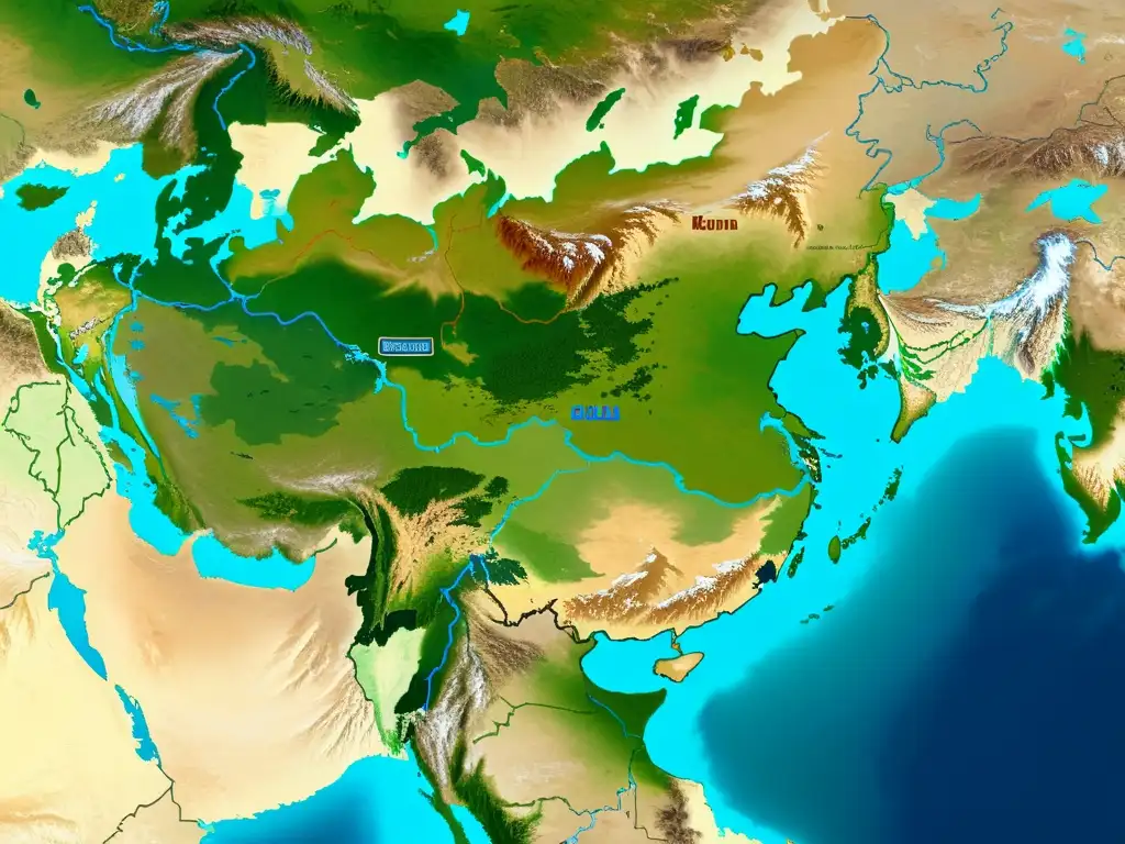 Imagen impactante del vasto imperio de Genghis Khan, con paisajes diversos que muestran la influencia del Yassa en diplomacia