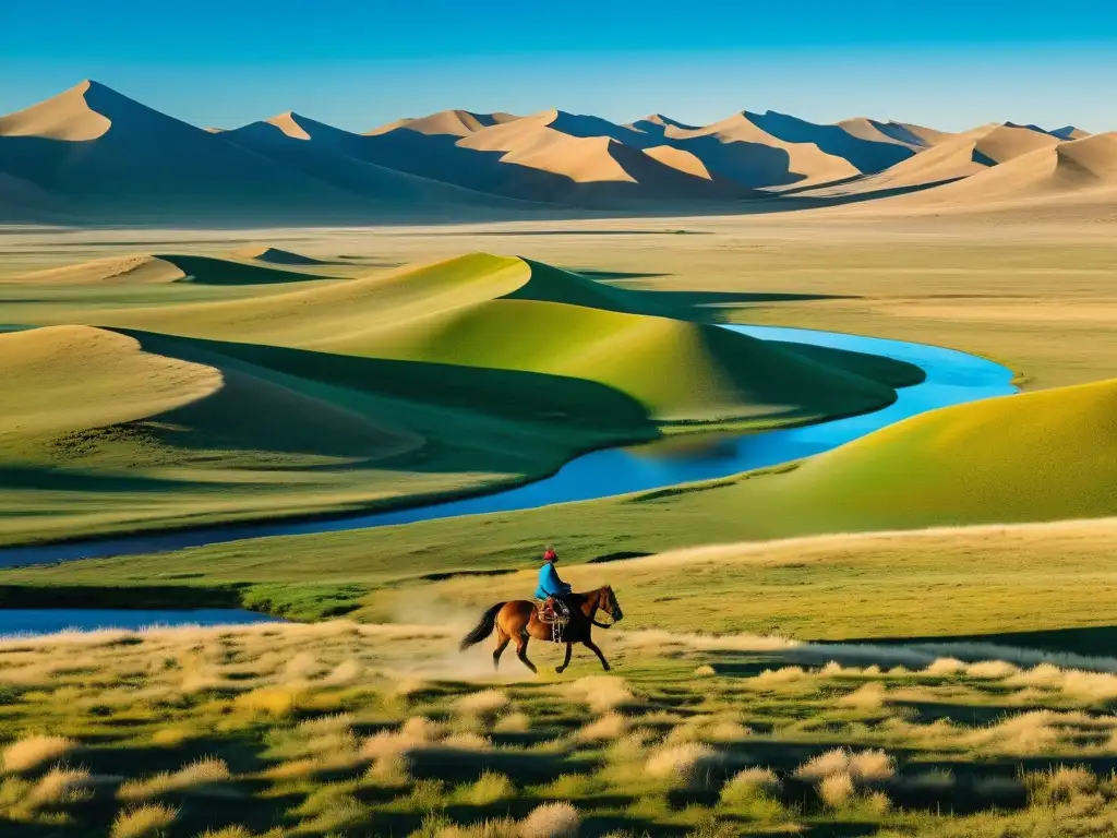 Travesía solitaria: la esencia nómada de Mongolia Imagen impactante del vasto paisaje mongol con un jinete solitario a caballo, que refleja la esencia del Sistema de meritocracia mongol
