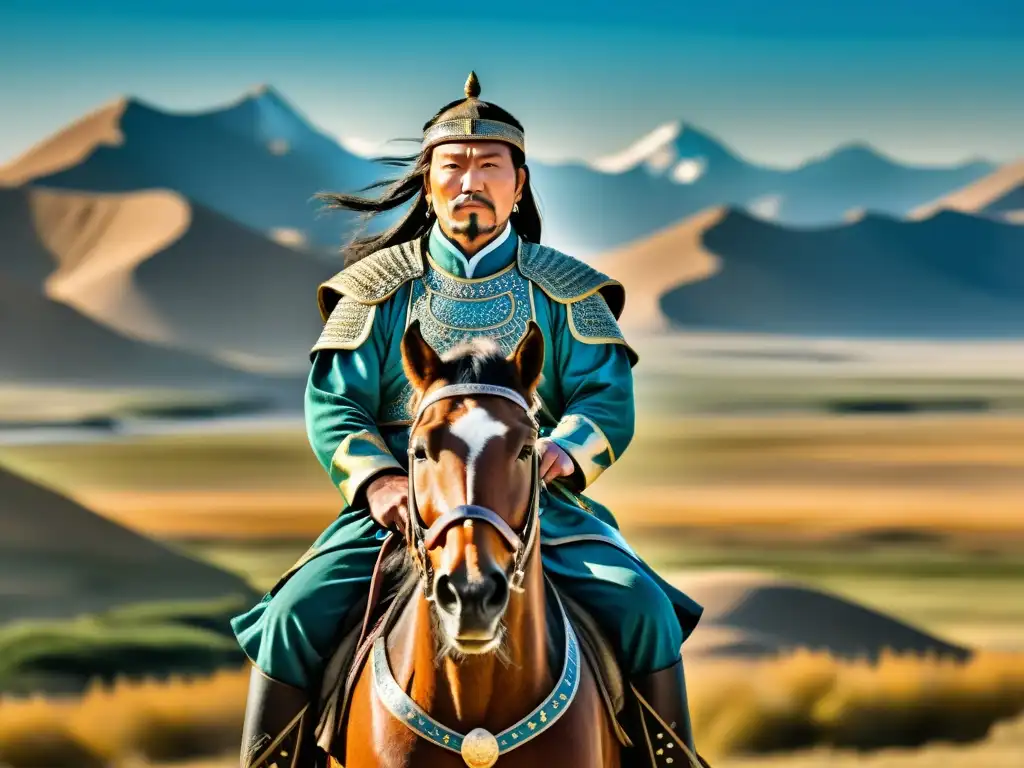 La imagen muestra la expansión del Imperio Mongol historia con Genghis Khan en su caballo, reflejando su grandiosidad y autoridad en la estepa mongol