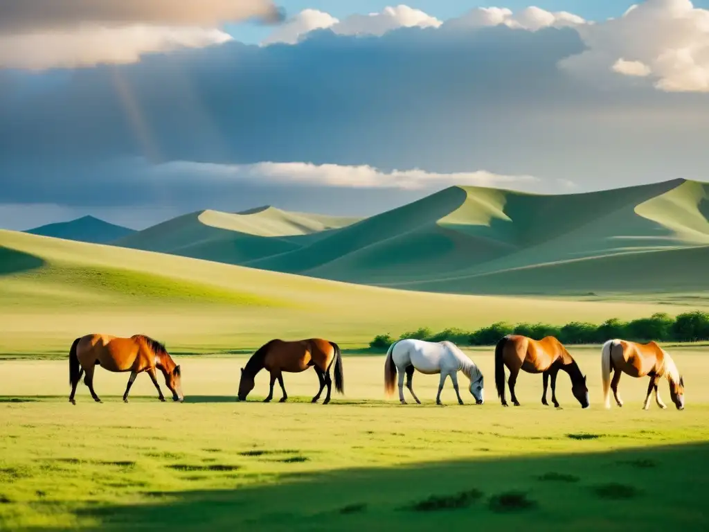 La imagen muestra la importancia de los caballos mongoles en el sereno paisaje de Mongolia, donde conviven en armonía con la naturaleza